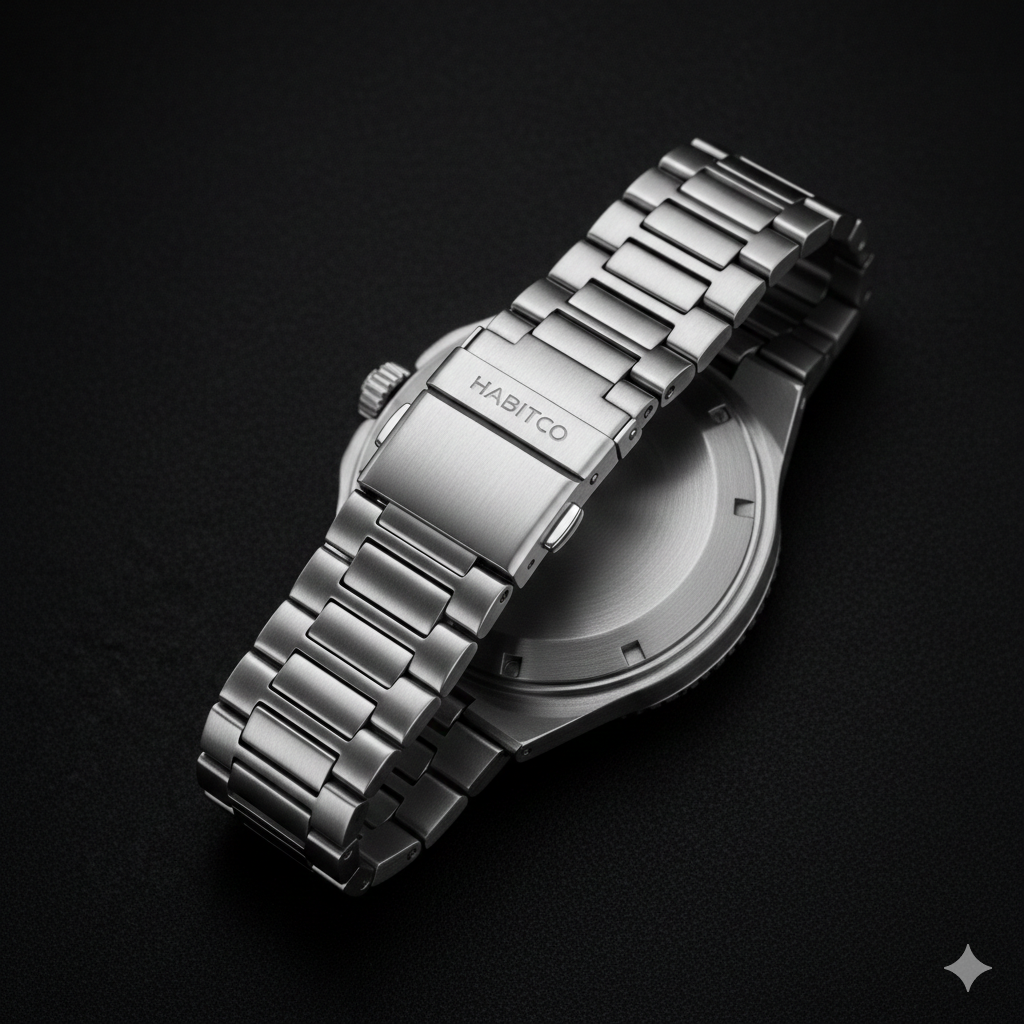 Silver watch with metal band on a black background